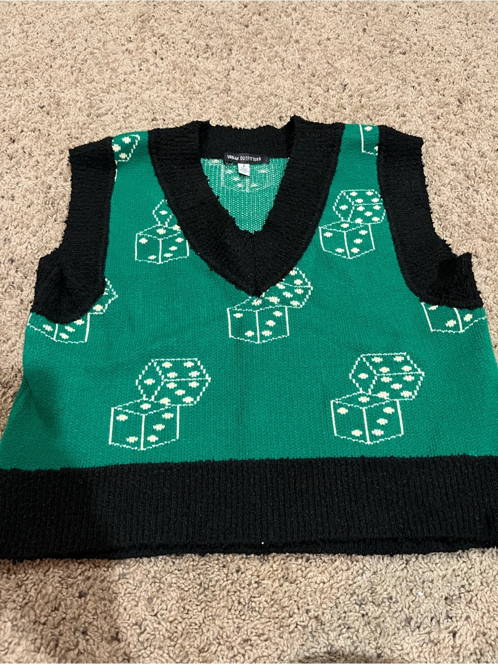 Urban Outfitters Green and Black Dice-Pattern V-Neck Sweater Vest